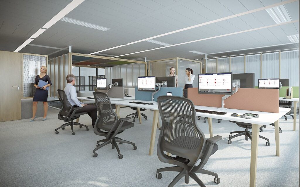 Industrial 3D rendering of the modern Hilti Paris offices with natural light and outstanding colors and materials