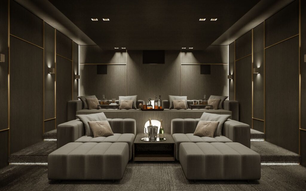 Interior 3D rendering of the Private Home Theater with small lights and grey furniture in Zurich