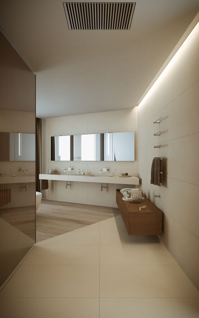 Interior 3D rendering of the Family villa bath room hall with cream floors and walls in addition to having very good lighting