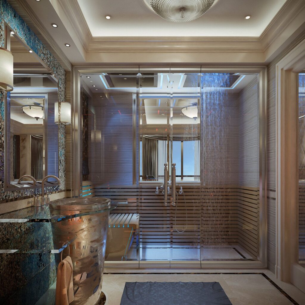 Interior 3D rendering of the Hotel Tel Aviv luxurious bathroom with sauna, a wall decorated with bright blue details and glass doors