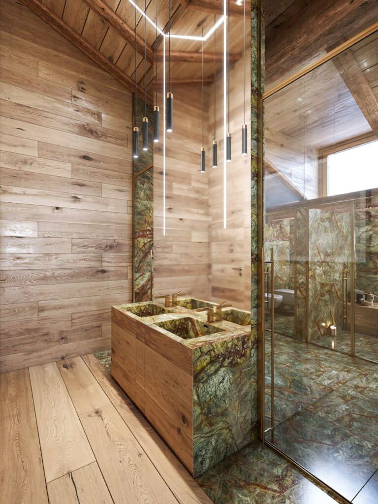 3D-Innenansicht des Badezimmers des Celerina Housing im rustikalen und doch modernen Stil mit hohen Decken und einigen mit Pflanzentapeten bedeckten Wänden.