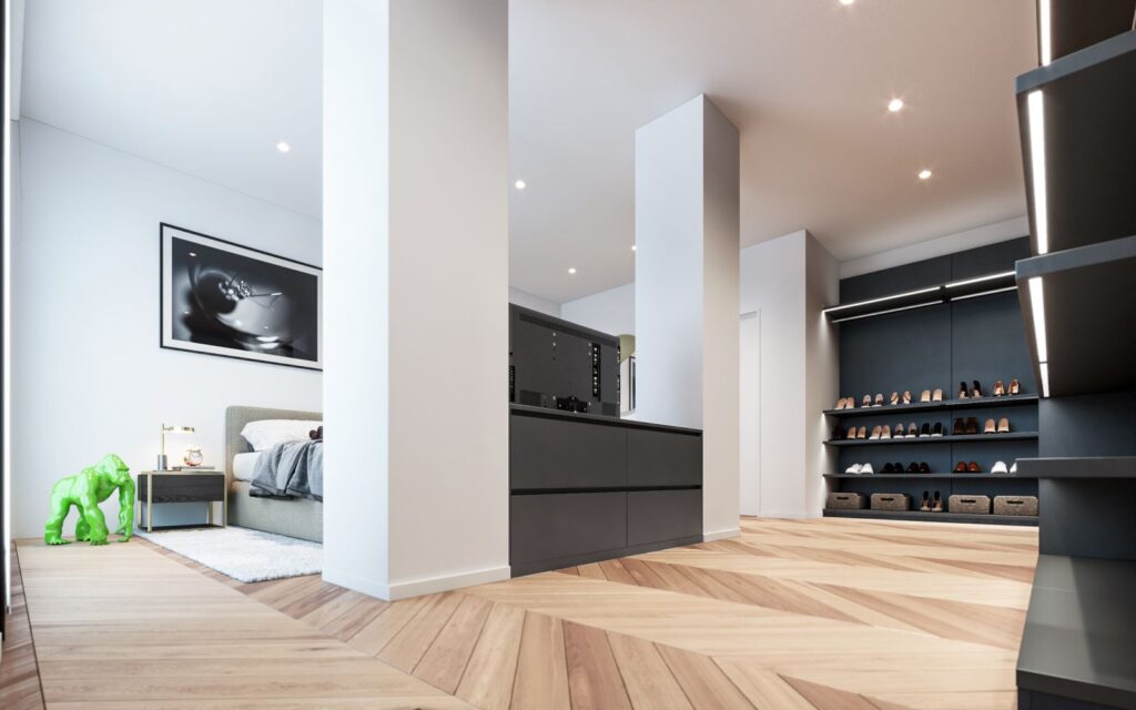 Interior 3D rendering of the Domus Lascaris bedroom decorated with dark furniture and a green gorilla that stands out