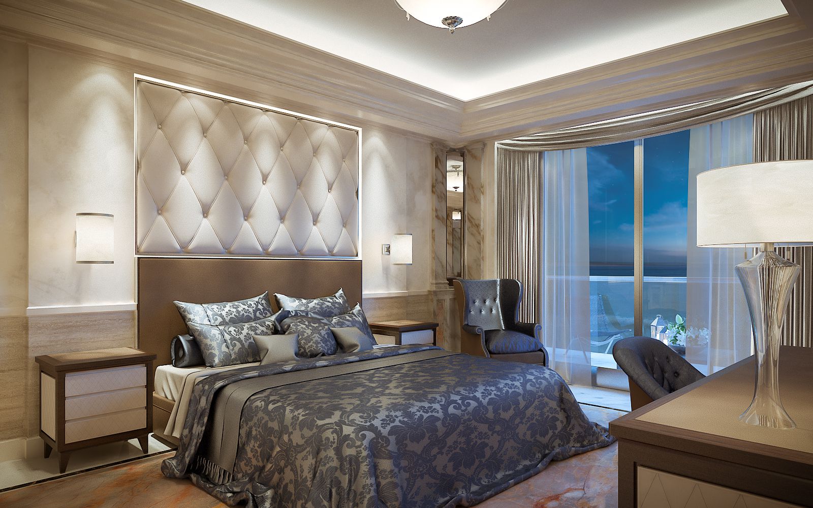 Interior 3D rendering of the Hotel Tel Aviv bedroom with marble columns, cream-colored walls, and a wonderful view