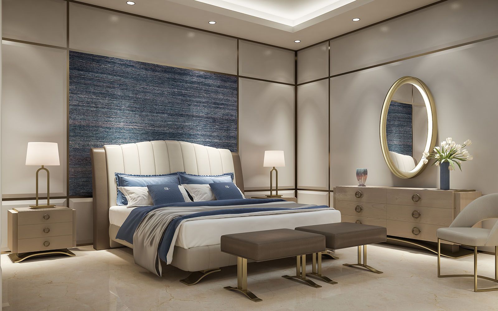 Interior 3D rendering of the Hugues Chevalier China store bedroom designed with light and blue colors that stand out, very well lit and wooden furniture