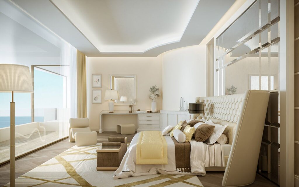 Interior 3D rendering of the Five stars hotel luxury bedroom with a great view and white and cream furniture