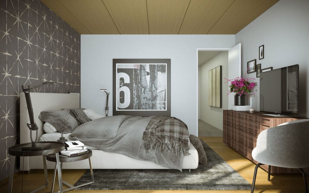 Interior 3D rendering of the Portes de Bull Housing modern bedroom with wallpaper