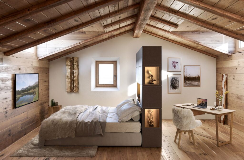 3D-Innenansicht des Schlafzimmers von Celerina Housing mit modernem Layout, das perfekt mit dem rustikalen Stil der Möbel und Holzwände harmoniert