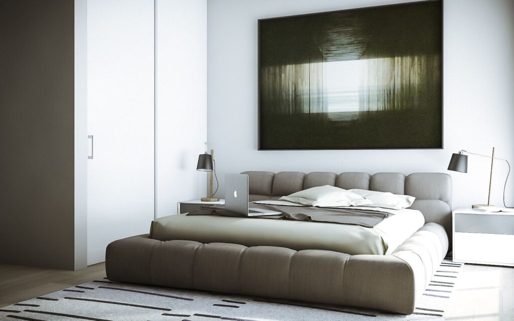 3D-Innenansicht des modernen Schlafzimmers im Red Hook mit einem auffälligen Gemälde hinter dem Bett