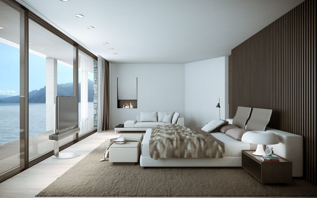 Interior 3D rendering of the Family villa bedroom with a wooden wall and a panoramic view of the lake