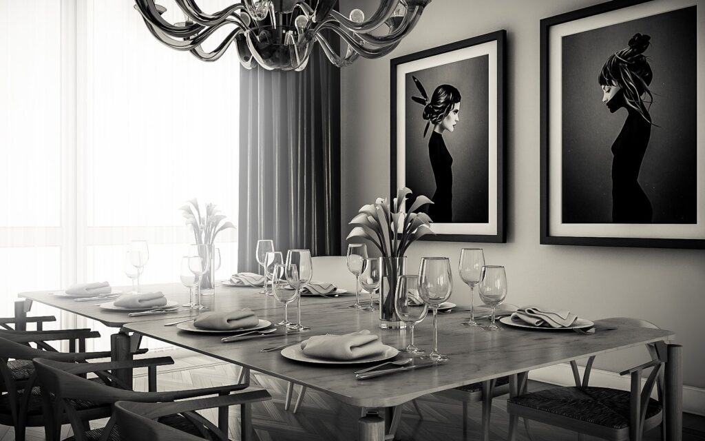 Interior 3D rendering of the dining room in black and white without the impact from the color lamps at the Milan apartment-Via saffi