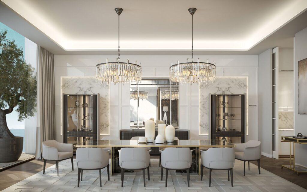 Interior 3D rendering of the Five stars hotel elegant dining room decorated with white chairs and a textured rug on the floor