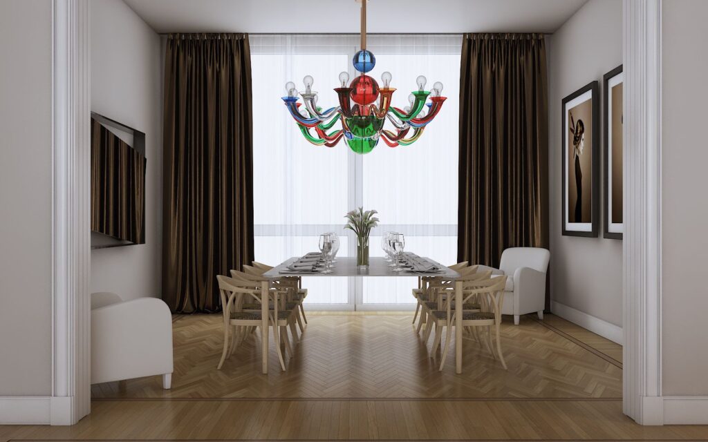 Interior 3D rendering of the dining room with glass color lamps from Murano at the Milan apartment-Via saffi with natural light full view