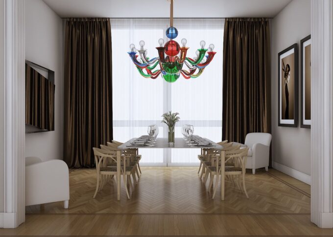 Interior 3D rendering of the dining room with glass color lamps from Murano at the Milan apartment-Via saffi with natural light full view