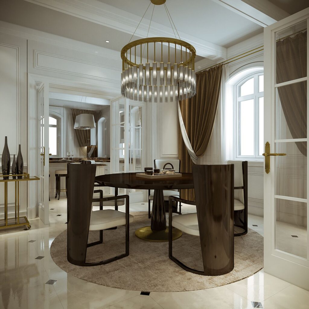 Interior 3D rendering of the Romanian Family home dining room, with varnished wooden furniture, brown curtains and natural light