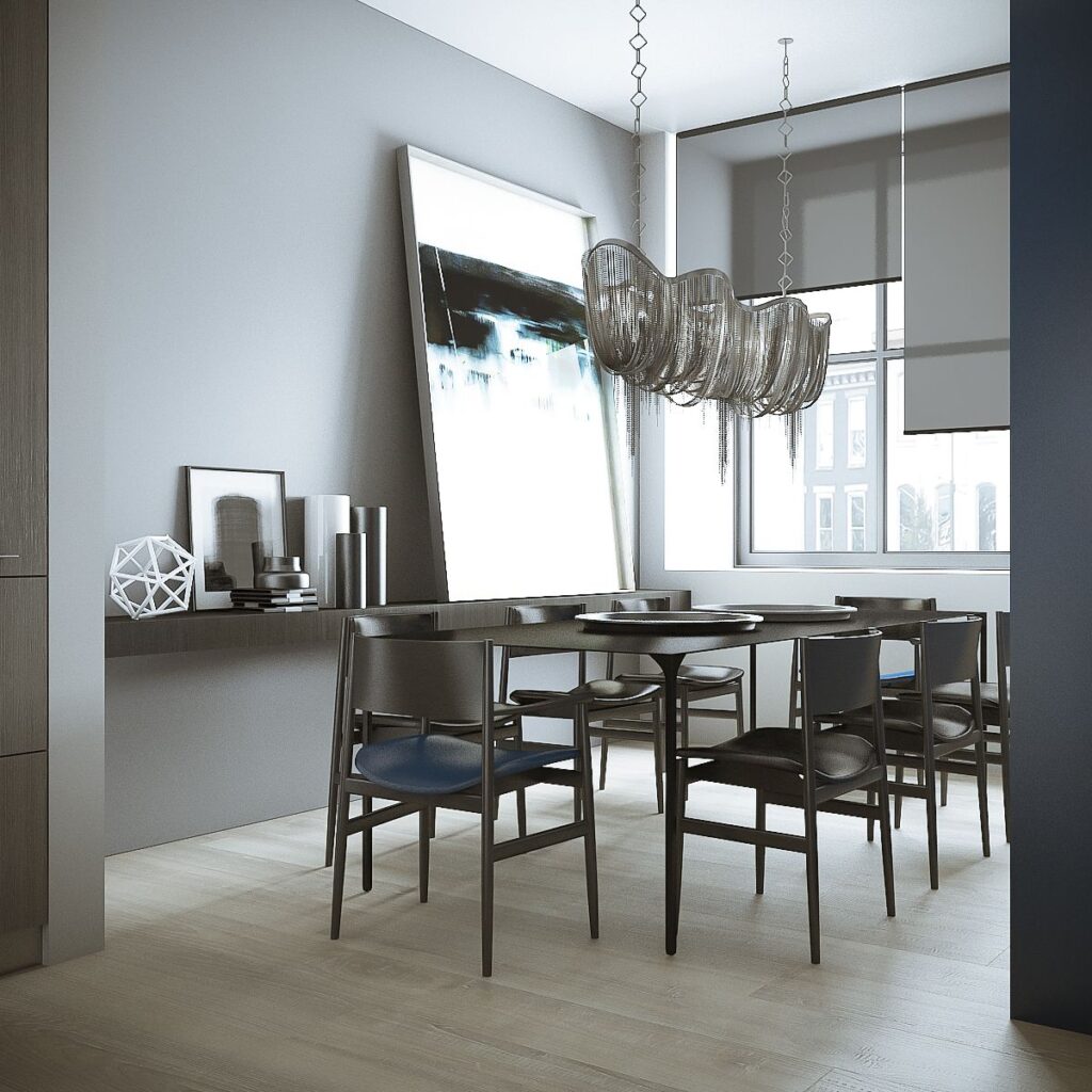 Interior 3D rendering of the Red Hook modern dining room with a striking lamp and blue upholstered chairs