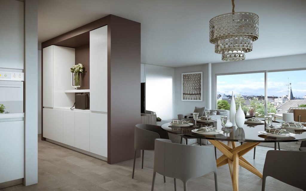 Interior 3D rendering of the Rossi 16 - Multi Family dining room that overlooks the kitchen, which is naturally lit thanks to the large windows