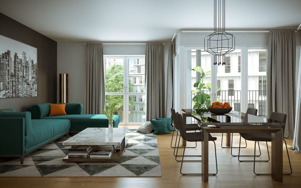 Interior 3D rendering of the Quartier de l'Etang living room and dining room with an open concept, modern style, a green armchair and lots of natural light