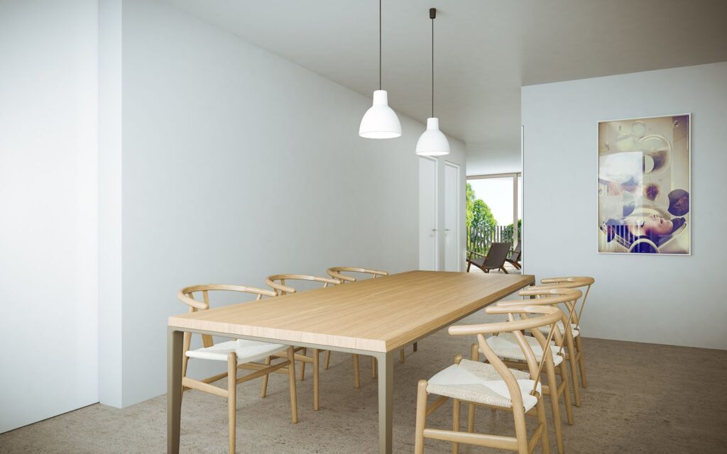 Interior 3D rendering of the dining room with wooden furniture to match the view at the Le Vallon De Villars