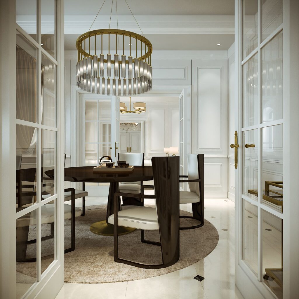 Interior 3D rendering of the Romanian Family home dining room, with a dark varnished wooden table and glass door