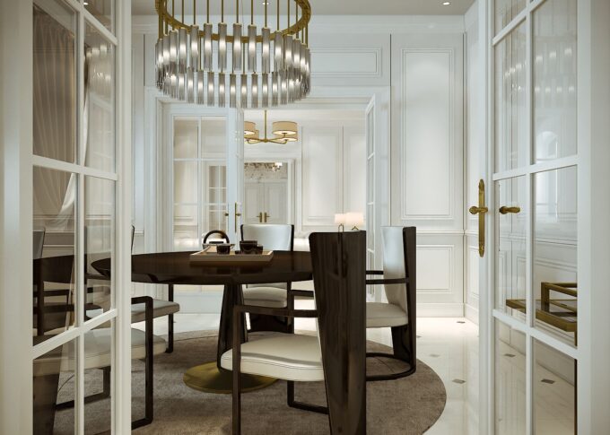 Interior 3D rendering of the Romanian Family home dining room, with a dark varnished wooden table and glass door