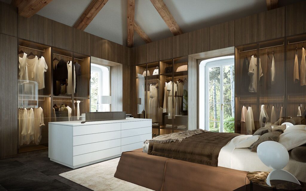 Interior 3D rendering of the Turin hills villa dressing room with wooden walls, glass doors and windows
