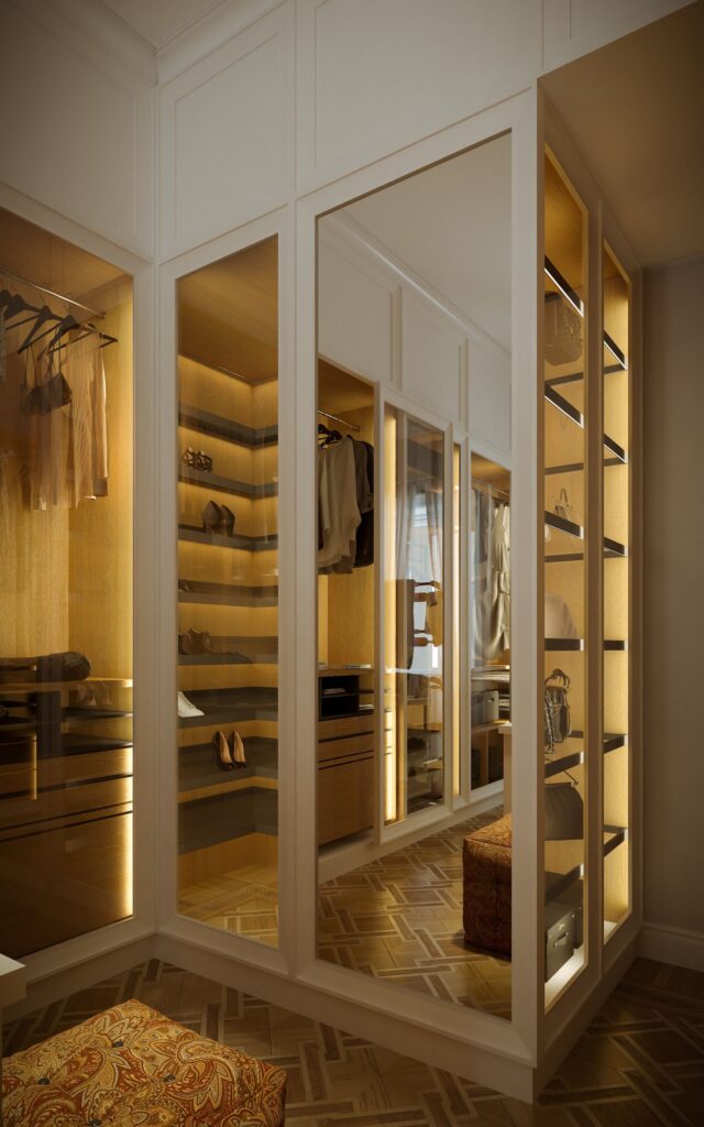 Interior 3D rendering of the Milan apartment dressing room with full-length mirror on the wall, warm lighting and wooden floors