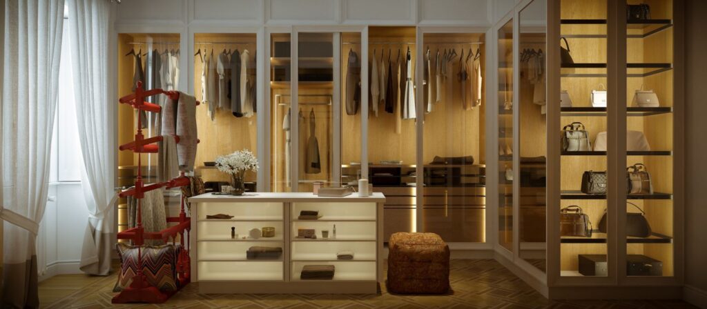 Interior 3D rendering of the Milan apartment dressing room with warm lights, wooden floors and modern furniture