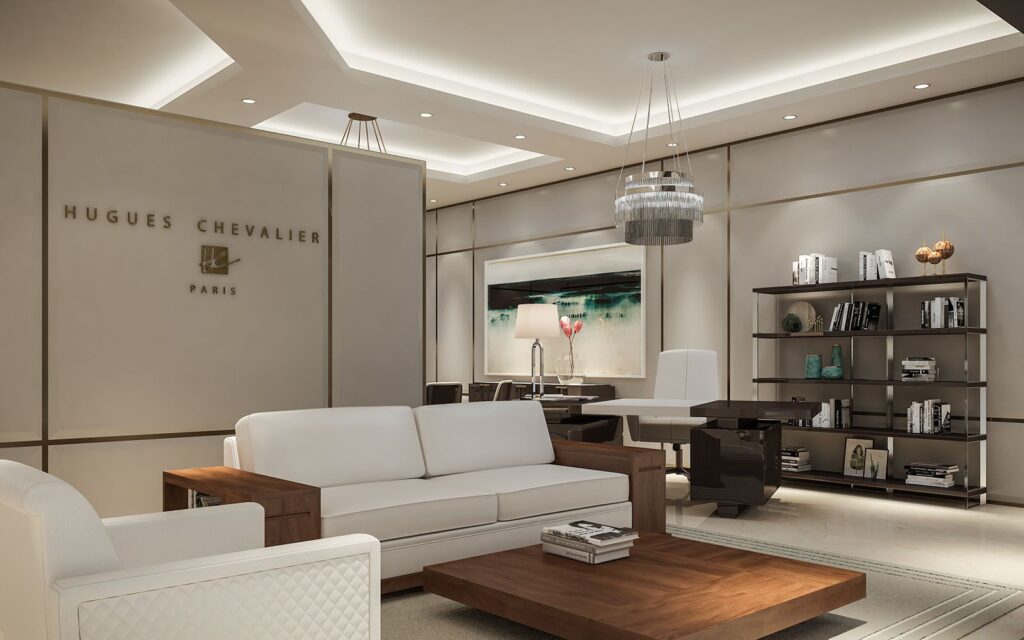 Interior 3D rendering of the Hugues Chevalier China store elegant, designed with white furniture with wooden structure