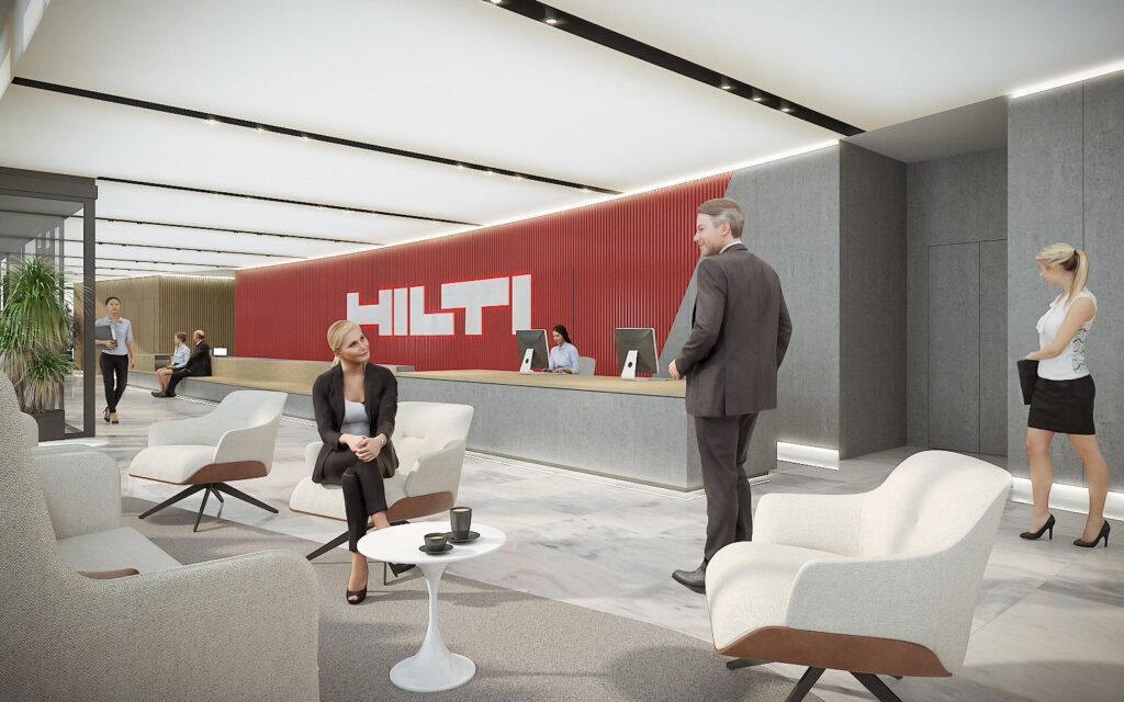 Interior 3D rendering of the modern and elegant entrance with concrete walls for the Hilti Paris offices
