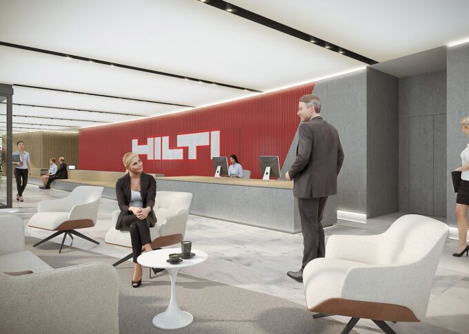 Interior 3D rendering of the modern and elegant entrance with concrete walls for the Hilti Paris offices
