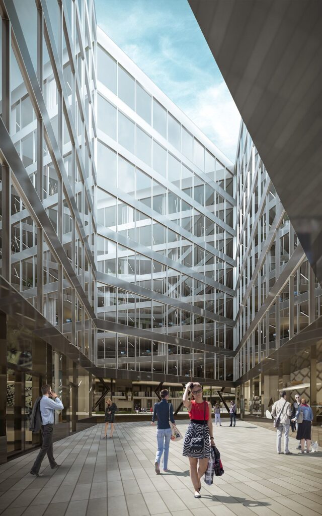 Interior 3D rendering of the Quartier de l'Etang Interior of the buildings, without a roof where the glass facade and wooden floors can be seen