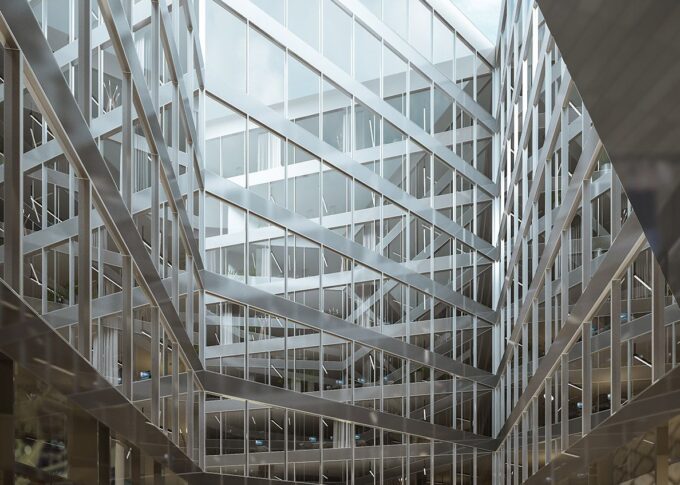 Interior 3D rendering of the Quartier de l'Etang Interior of the buildings, without a roof where the glass facade and wooden floors can be seen