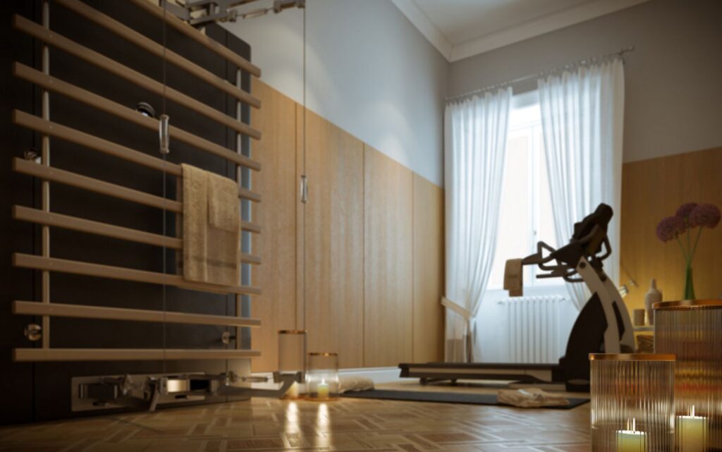 Interior 3D rendering of the Milan apartment gym with a minimalist and clear design, with wooden walls and natural light