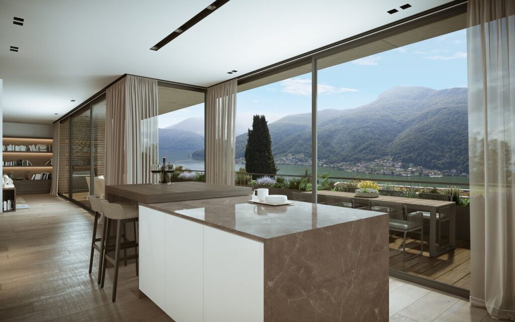 Interior 3D rendering of the kitchen with large windows and natural light at the Family home Vigneto