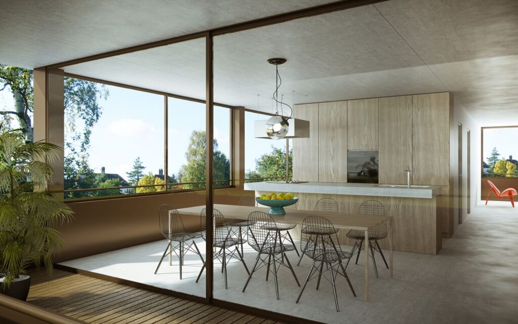 Interior 3D rendering of the kitchen with open concept, modern, and natural light at the Le Vallon De Villars