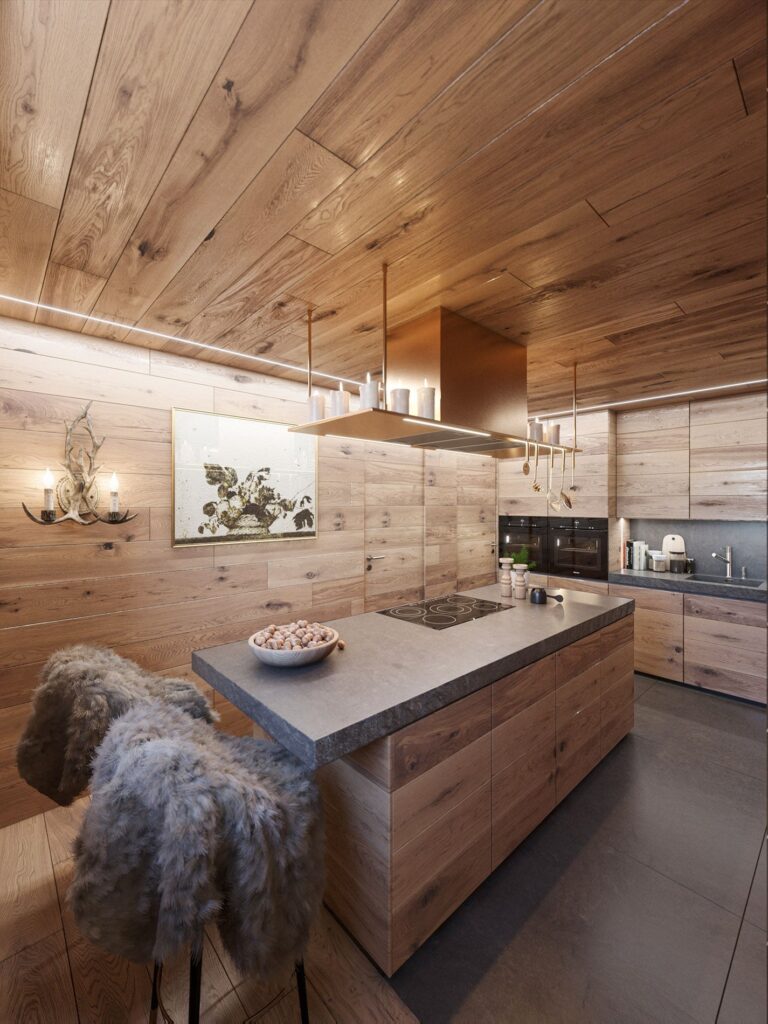 3D-Innenansicht des Celerina-Hauses. Moderne und zugleich rustikale Küche mit Holzmöbeln und -wänden, hohen Decken und einer Insel in der Mitte.