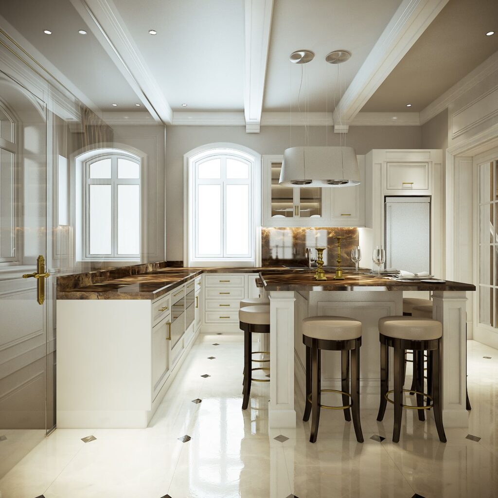Interior 3D rendering of the Romanian Family home kitchen with windows, brown curtains and brown marble