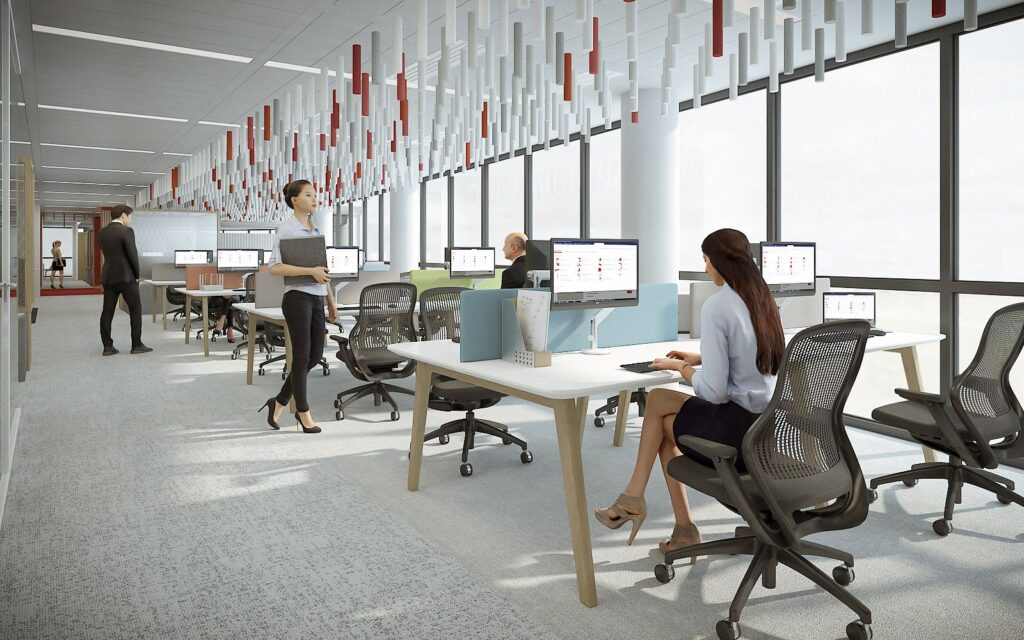 Interior 3D rendering of the Hilti Paris offices with large windows that let natural light in decorations on the ceiling
