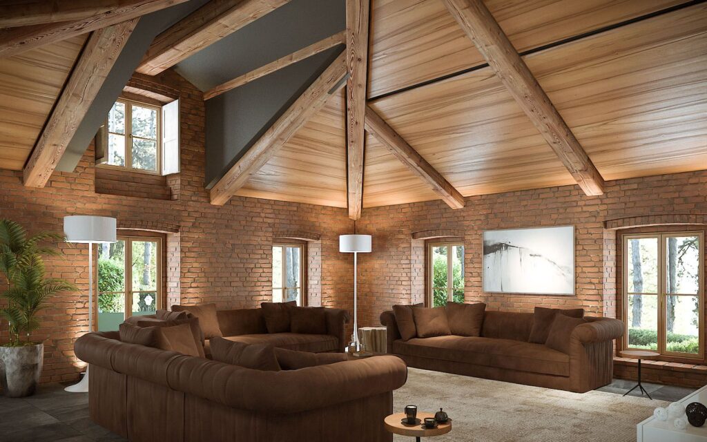 Interior 3D rendering of the Turin hills villa Living room with high wooden ceilings and exposed brick walls