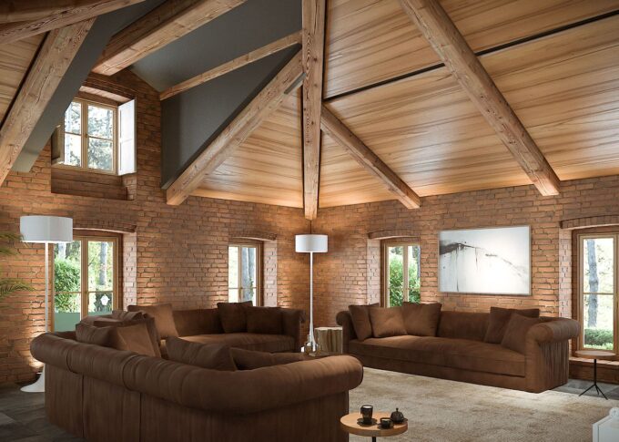 Interior 3D rendering of the Turin hills villa Living room with high wooden ceilings and exposed brick walls