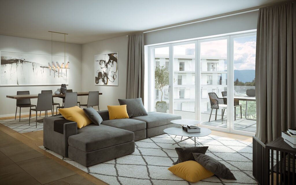 Interior 3D rendering of the Quartier de l'Etang open-concept living and dining room with gray furniture, white walls, and carpets on the floor