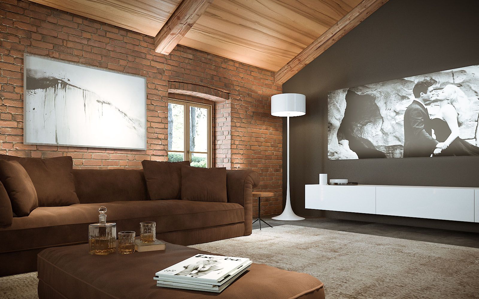 Interior 3D rendering of the Turin hills villa living room with a brown armchair, light carpet on the floor and lots of exposed bricks