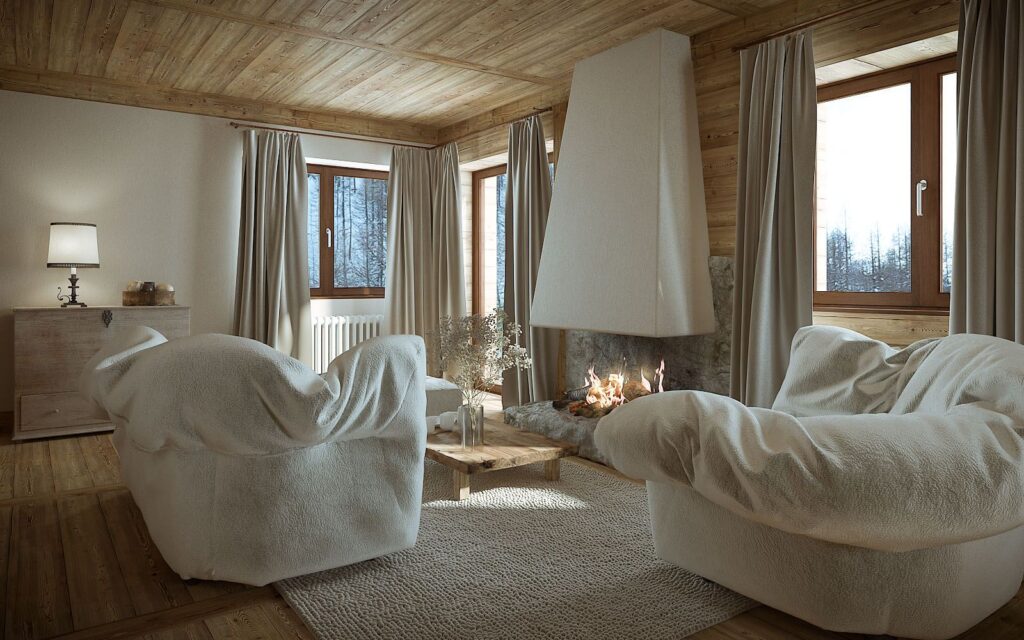 3D-Innenansicht des gemütlichen Cervinia Homa-Wohnzimmers mit natürlichem Licht und einem Kamin, der die Atmosphäre erwärmt