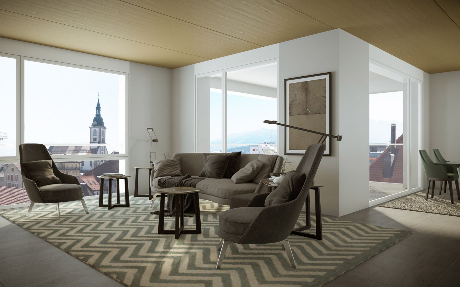 Interior 3D rendering of the Portes de Bull Housing living room with a modern style that is noticeable through the chosen furniture and the large windows