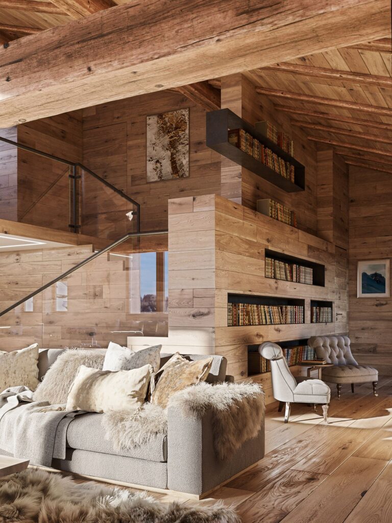 3D-Innenansicht des Celerina Housing: rustikales und modernes Wohnzimmer mit offenem Konzept, hohen Decken und Holzwänden