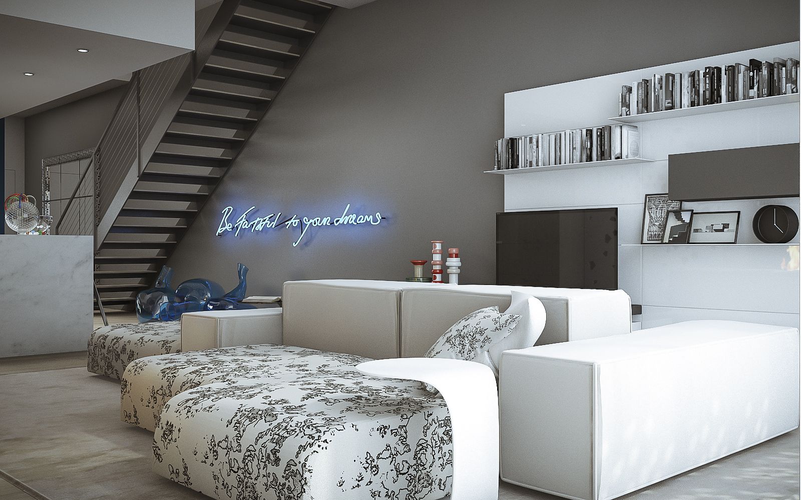 Interior 3D rendering of the Red Hook modern living room with a white sofa and a sign with neon lights