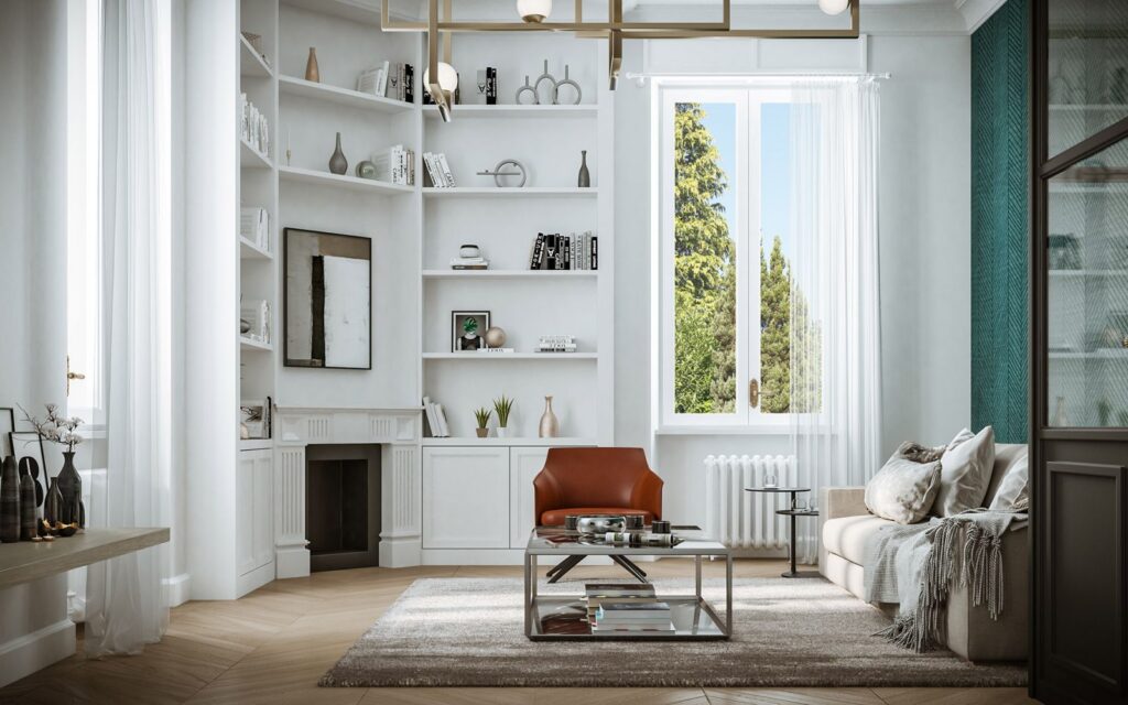 Interior 3D rendering of the Housing renovation modern living room, with colorful furniture, wooden floors and good lighting