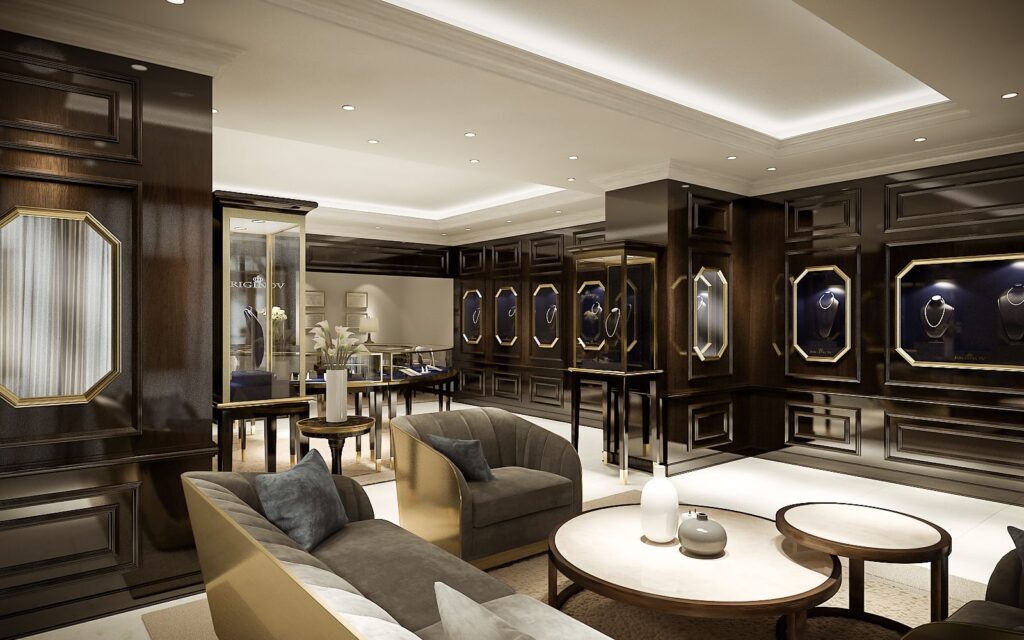 Interior 3D rendering of the luxury Jewelry store- Antwerp with modern furniture and exhibition spaces for pieces