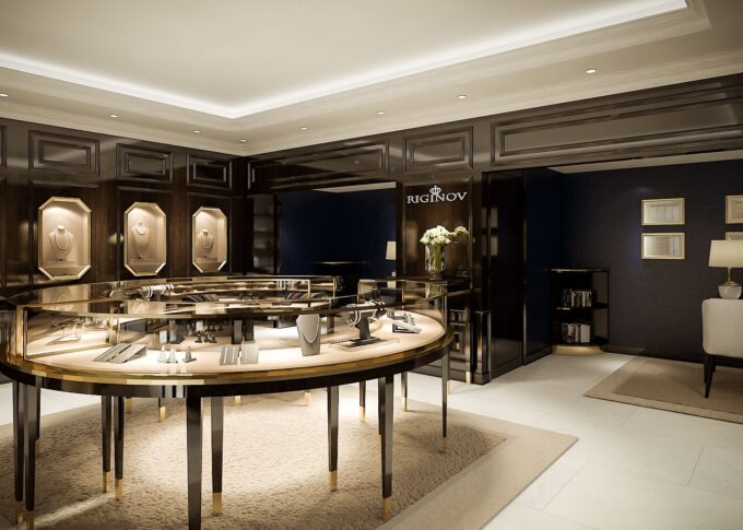 Interior 3D rendering of the luxury Riginov Jewelry store- Antwerp with illuminated furniture