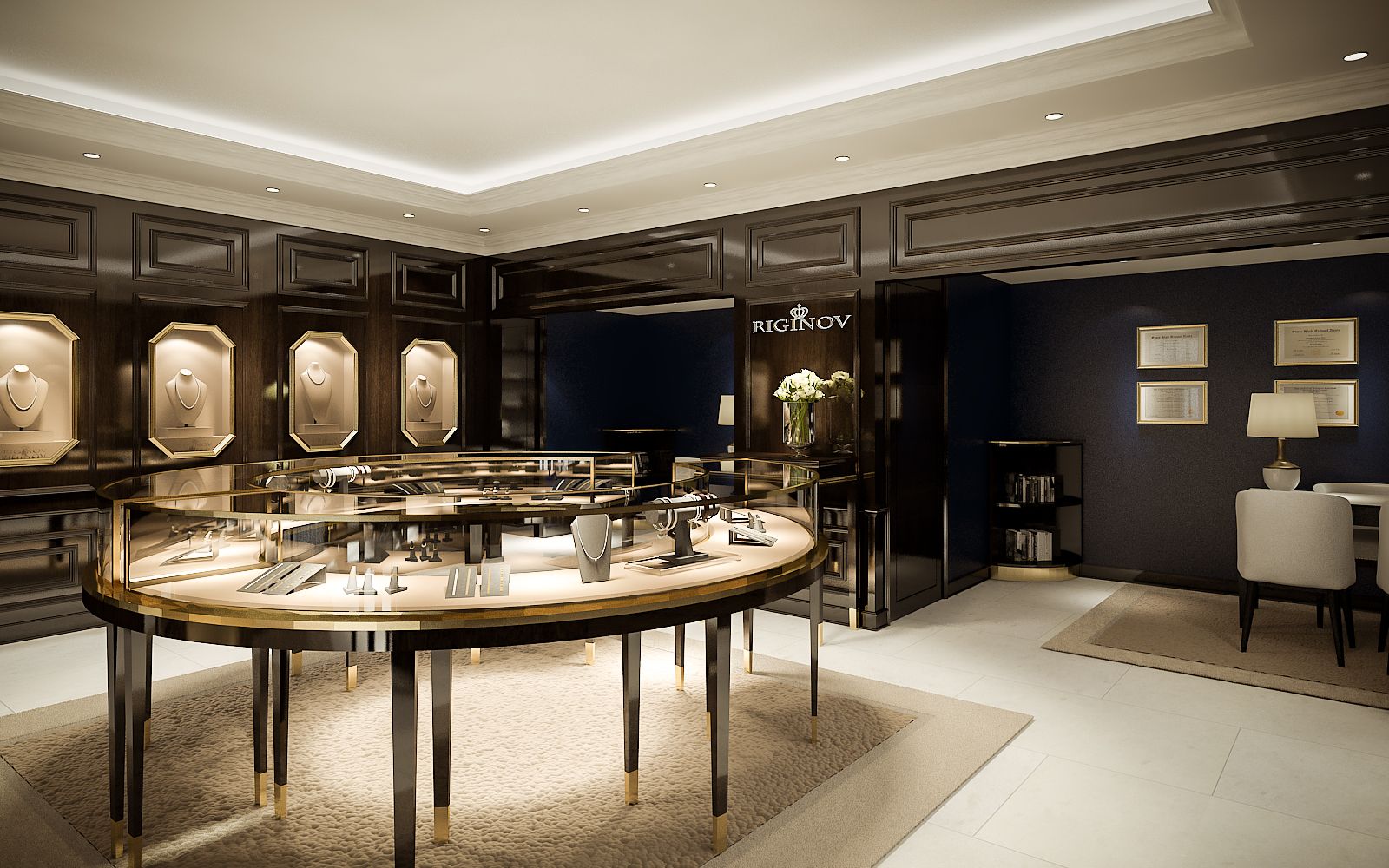 Interior 3D rendering of the luxury Riginov Jewelry store- Antwerp with illuminated furniture